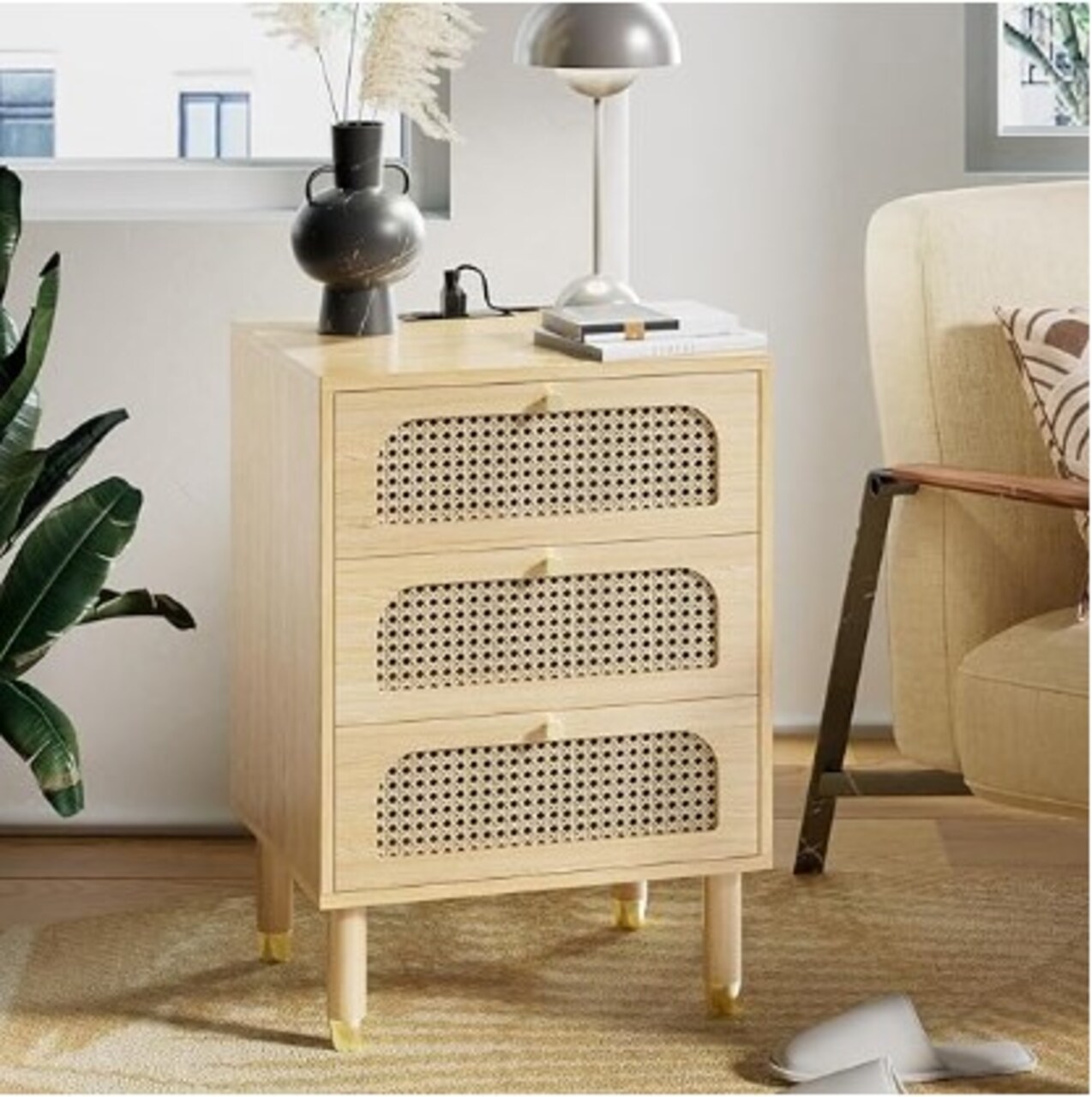 Mid Century Modern Night Stand Rattan Nightstand with Charging Station, 3 Drawers Bedroom Side Table Bohemian Design